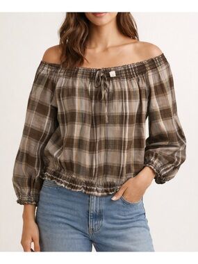 St. John's Bay Brown Plaid Off-Shoulder Peasant Top